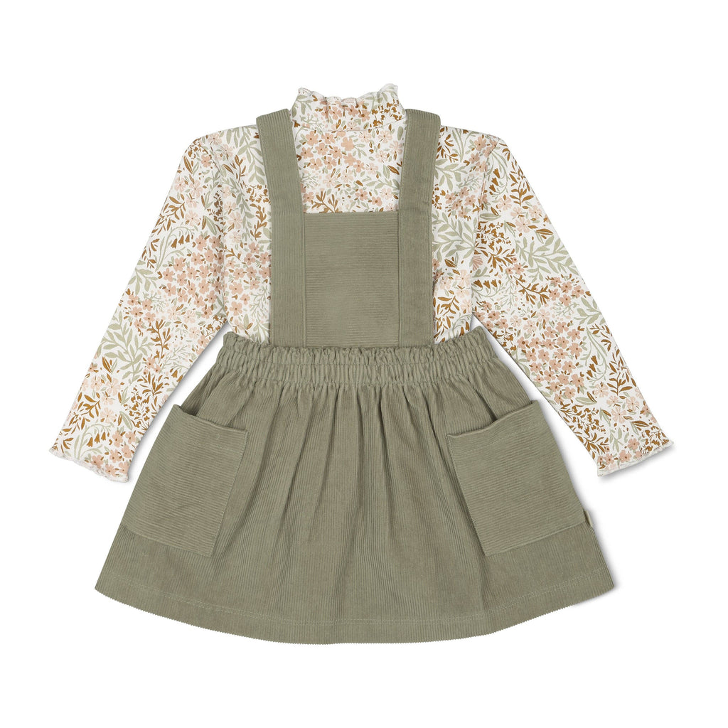 Organic Corduroy Pinafore Dress & Top Set | Olive