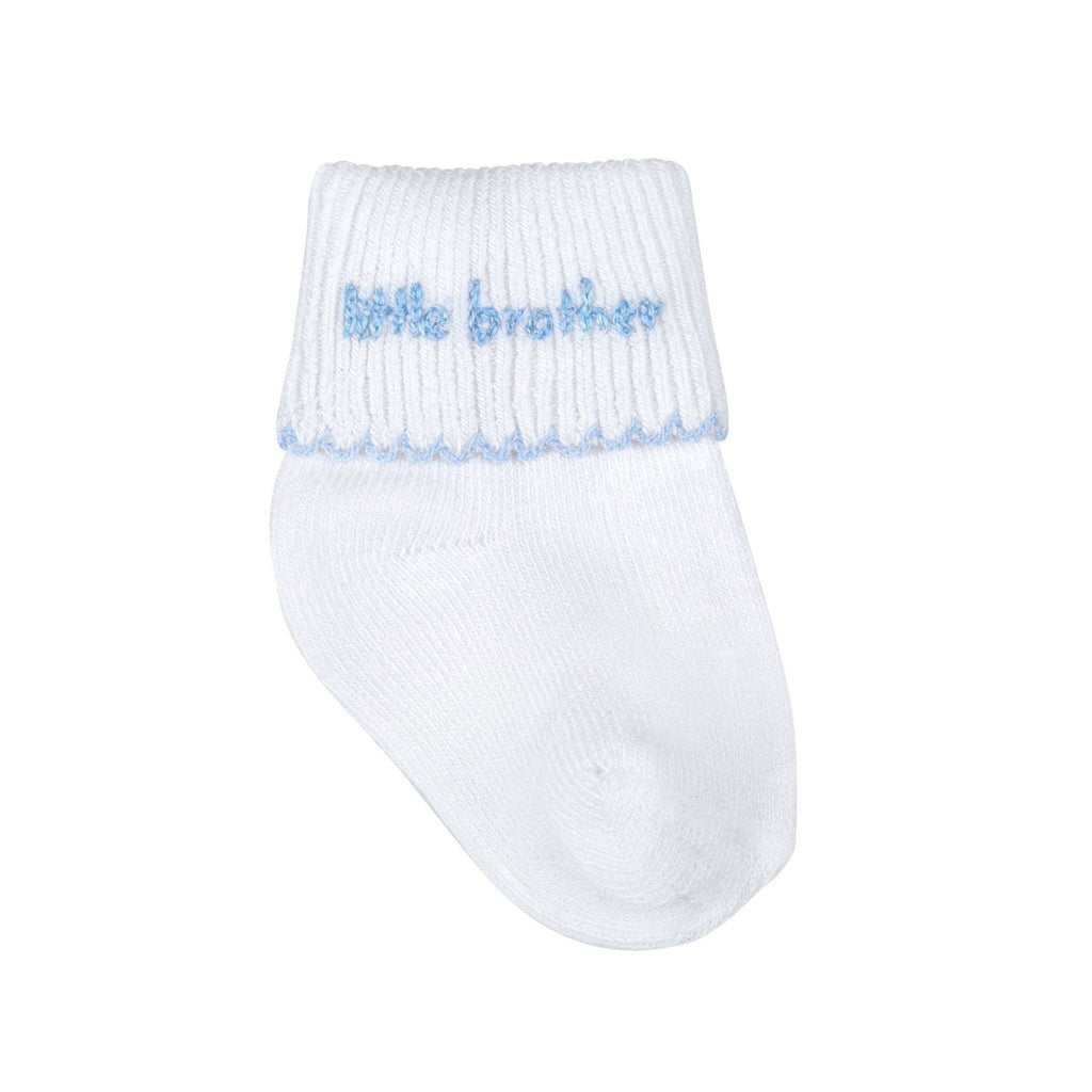 Baby 'Little Brother' Embroidered Socks | White with Blue