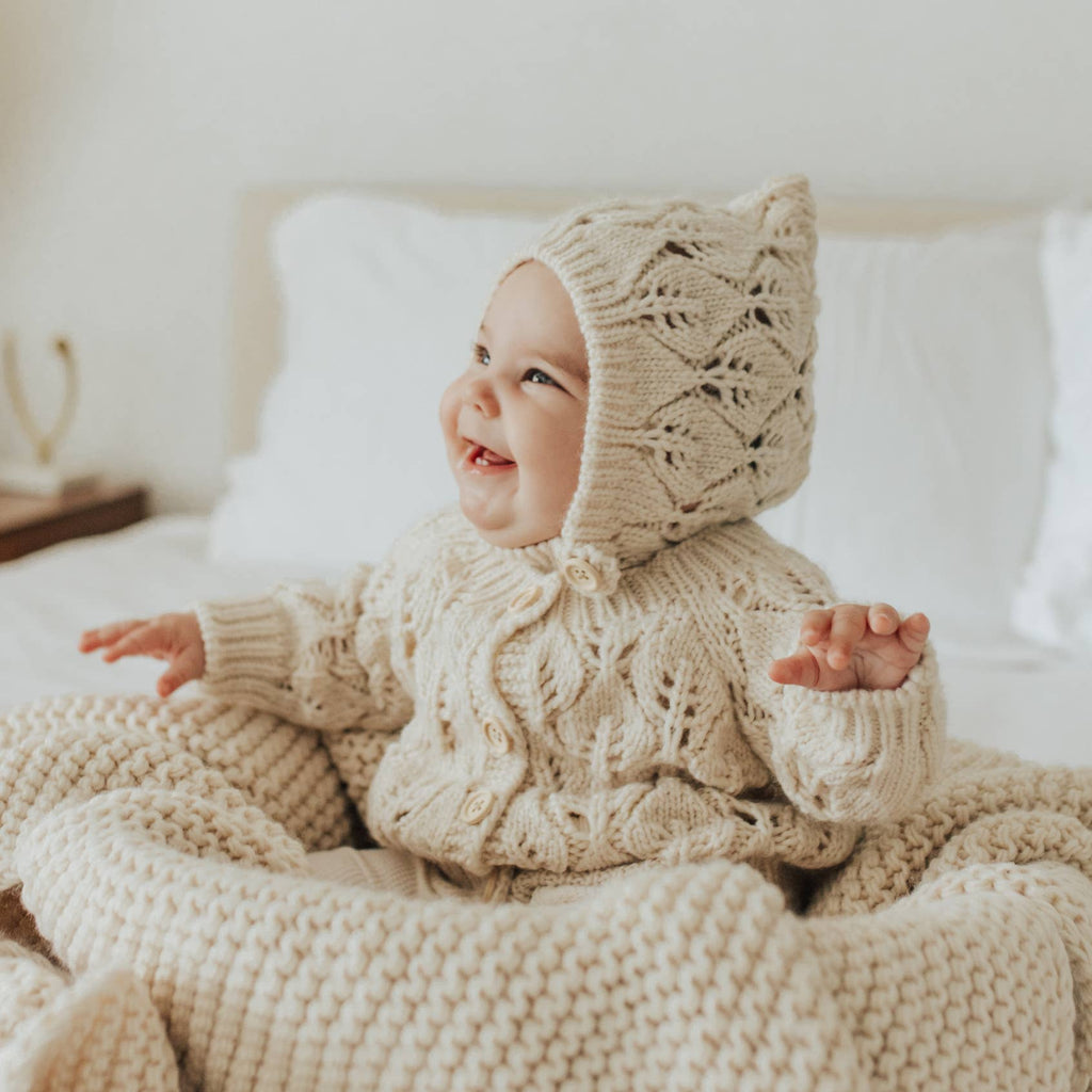 Leaf Lace Hand Knit  Baby Bonnet | Natural