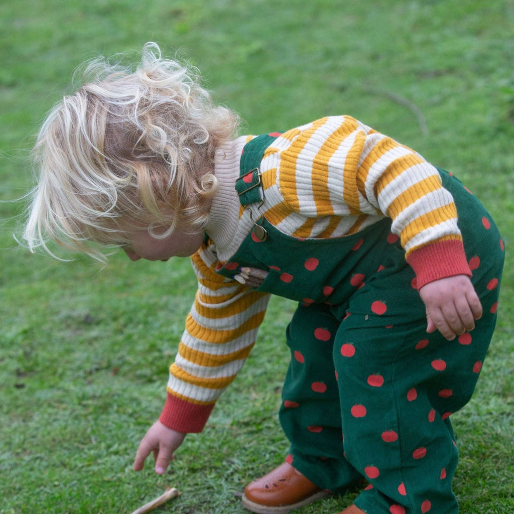 Baby and Toddler Corduroy Dungarees | Green with Apple Print