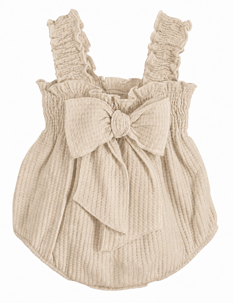 Baby Smocked Ruffle Strap Bow Romper | Beige