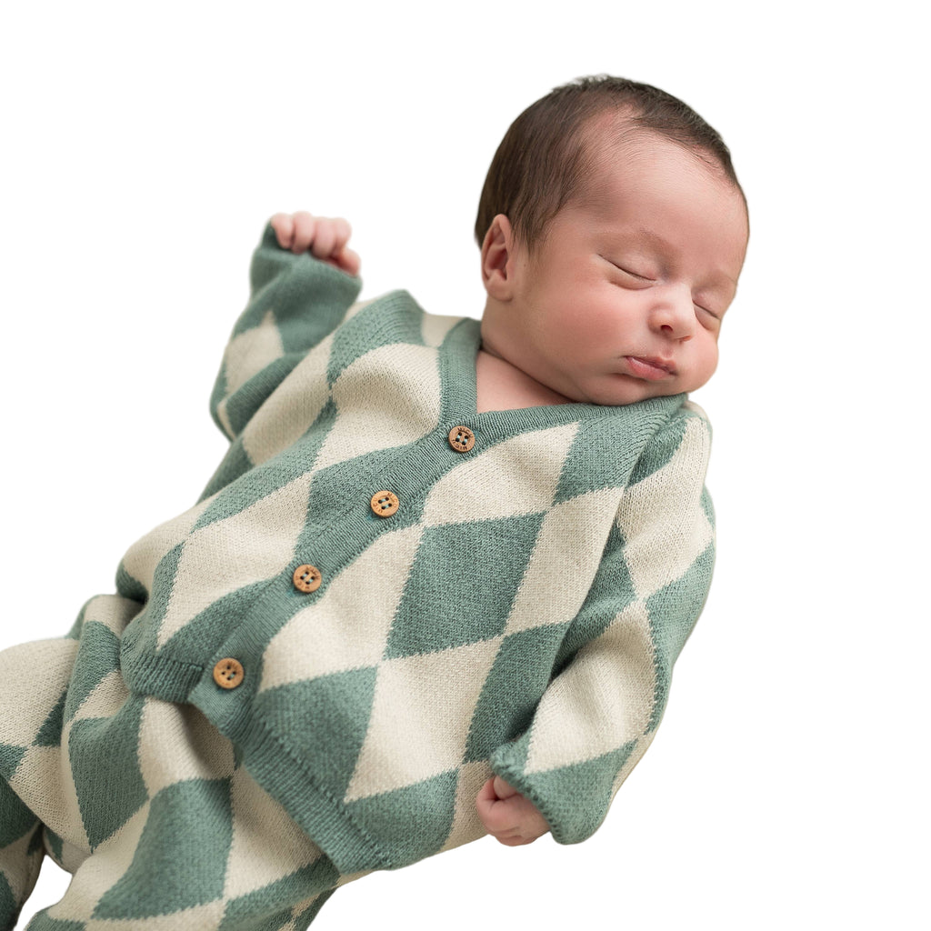 Baby Knitted Jacket and Pant Diamond Set | Teal & Off-white