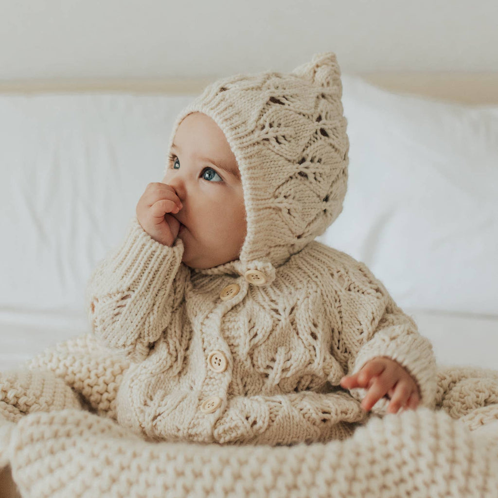 Leaf Lace Hand Knit Cardigan Sweater | Natural