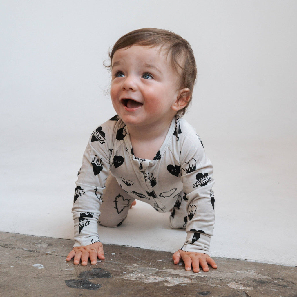 Baby Bamboo Zip Romper|  Tattoo Heart Heather Grey
