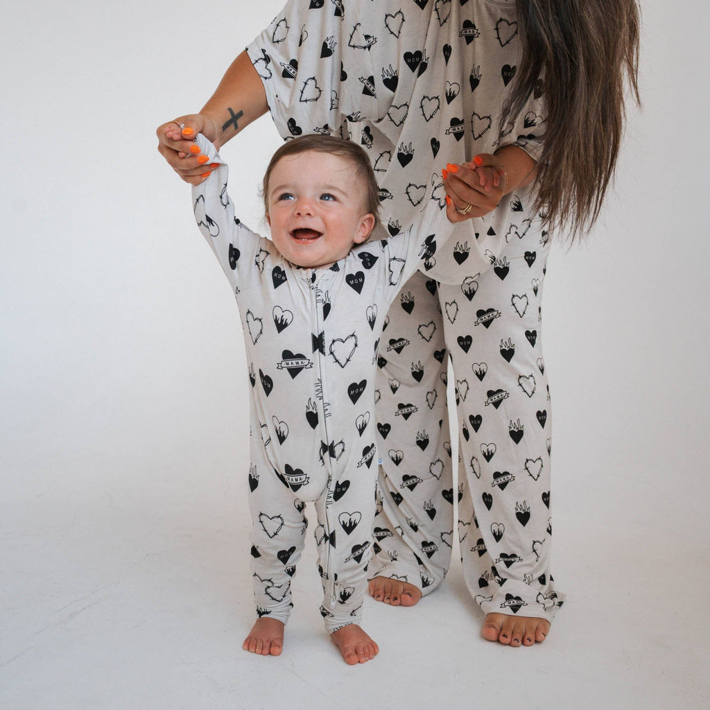 Baby Bamboo Zip Romper|  Tattoo Heart Heather Grey