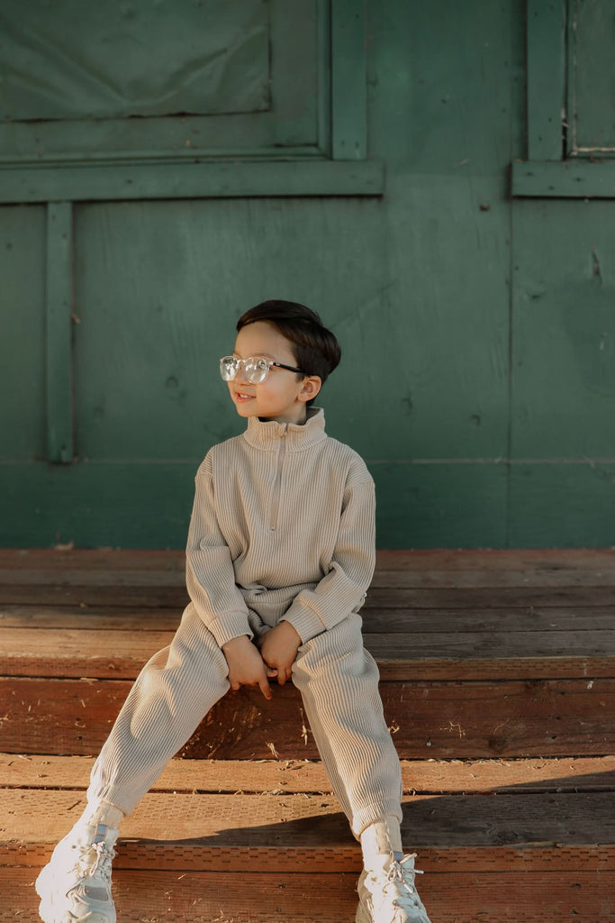 Kids Half-Zip Waffle Top and Jogger Pants Set | Beige