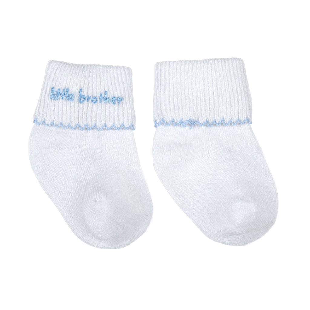 Baby 'Little Brother' Embroidered Socks | White with Blue