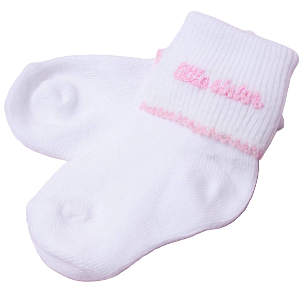 Baby 'Little Sister' Embroidered Socks | White and Pink