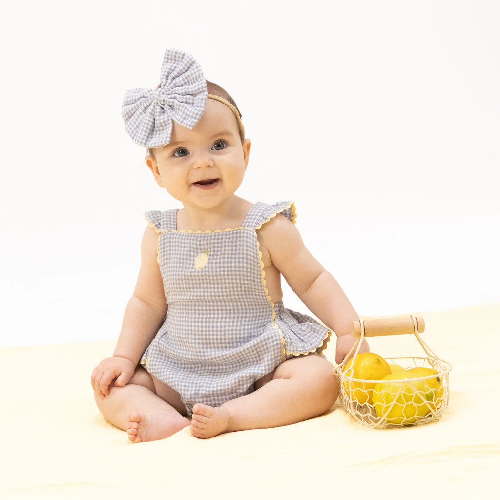 Baby Ric Rac Ruffle Lemon Sunsuit | Gingham Blue