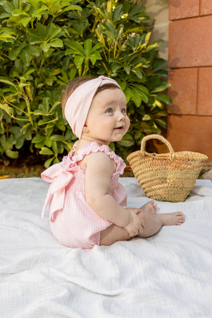 Baby Smocked Ruffle Strap Bow Romper | Beige
