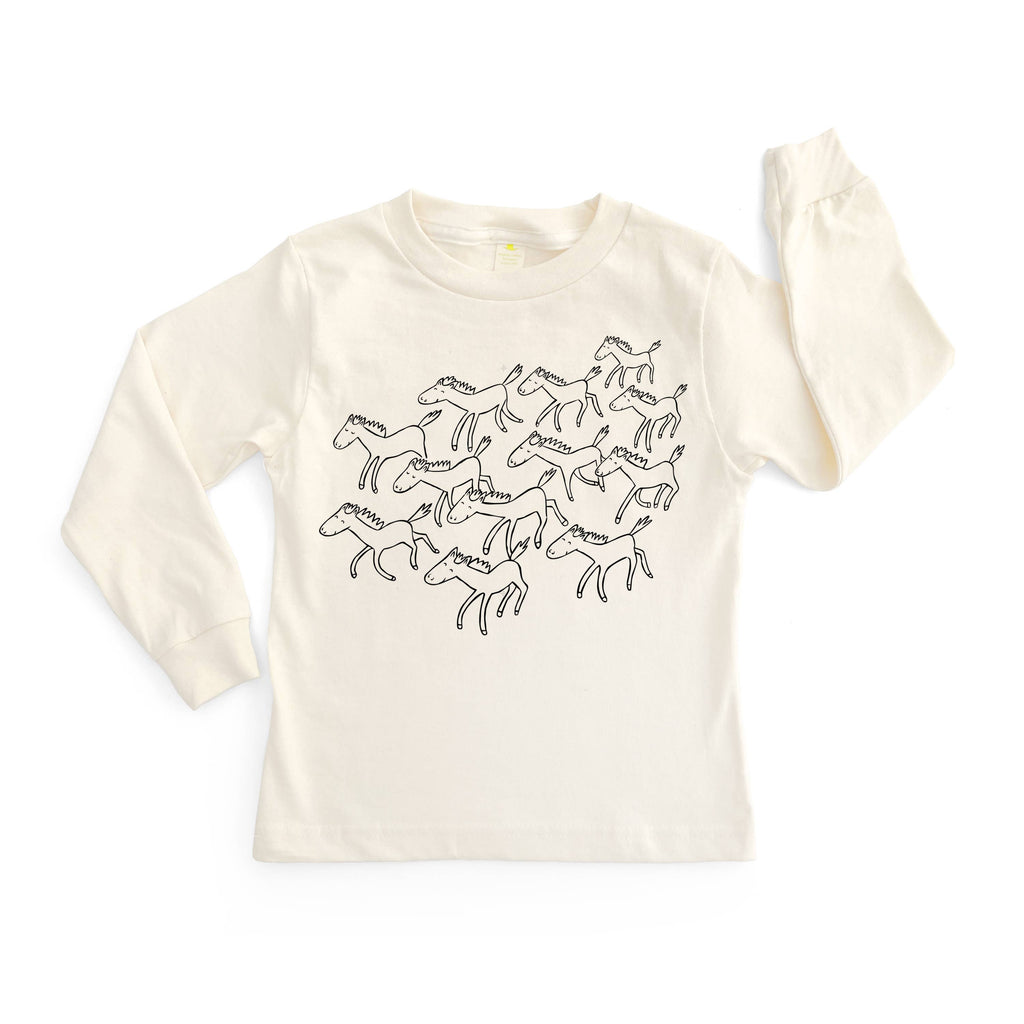 Toddlers Long Sleeve Horses T-Shirt | Natural