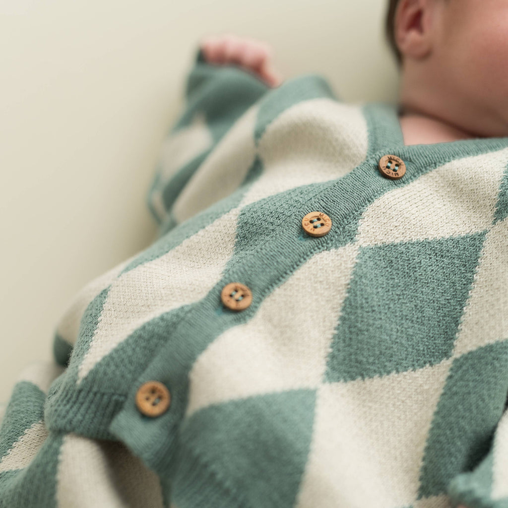 Baby Knitted Jacket and Pant Diamond Set | Teal & Off-white