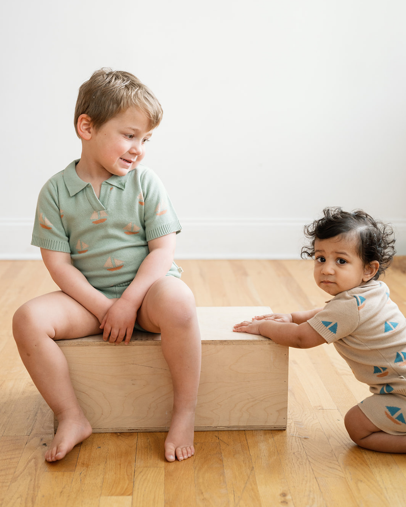 Baby Cameron Knit Polo with Boats Pattern | Sand