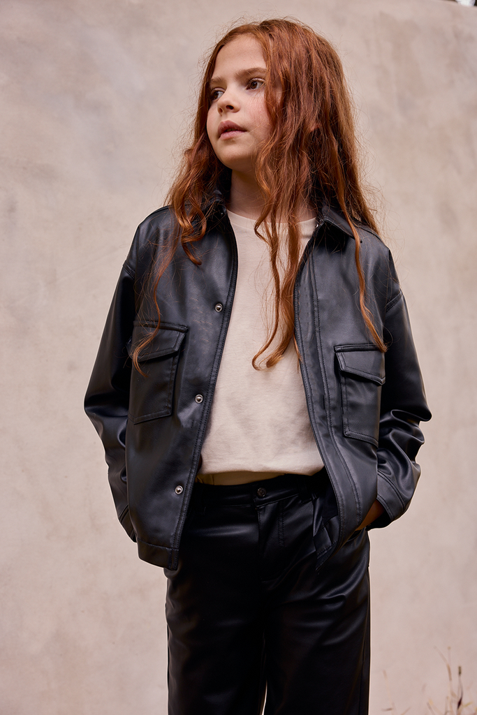 Girls Faux Leather Cropped Shirt | Black