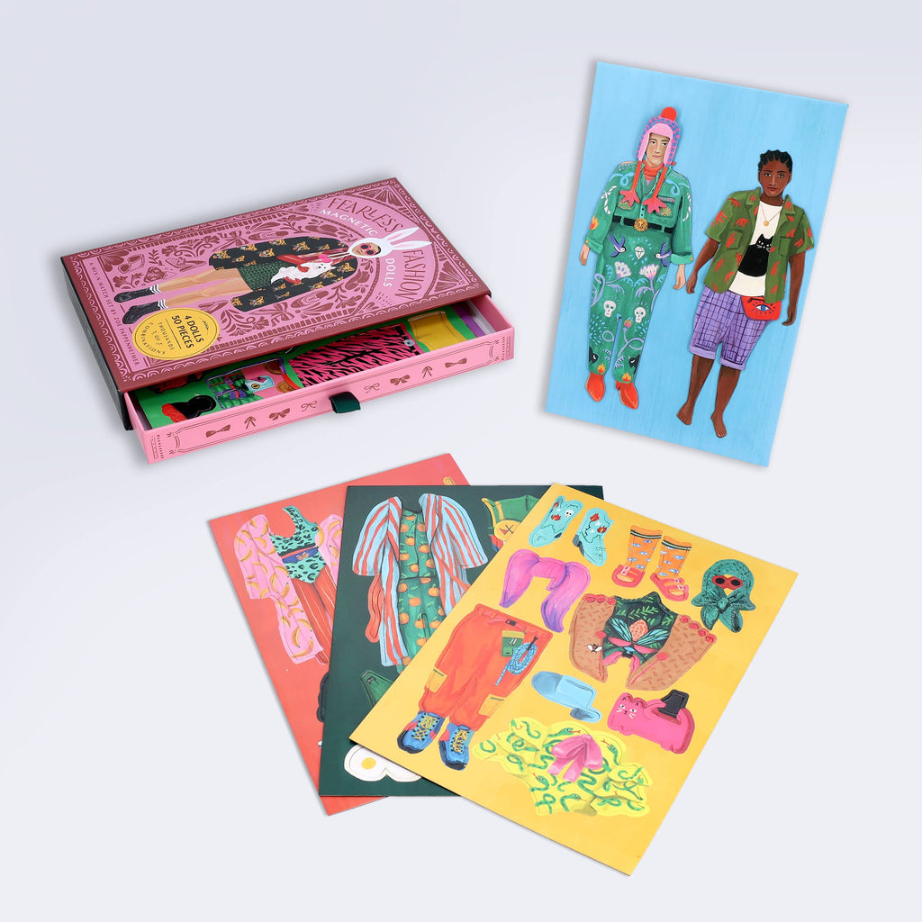 Magnetic dress-up dolls in a portable box, colorful outfits