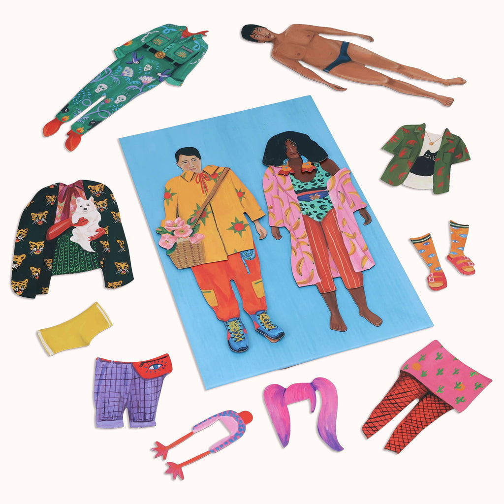 Magnetic dress-up dolls in a portable box, colorful outfits