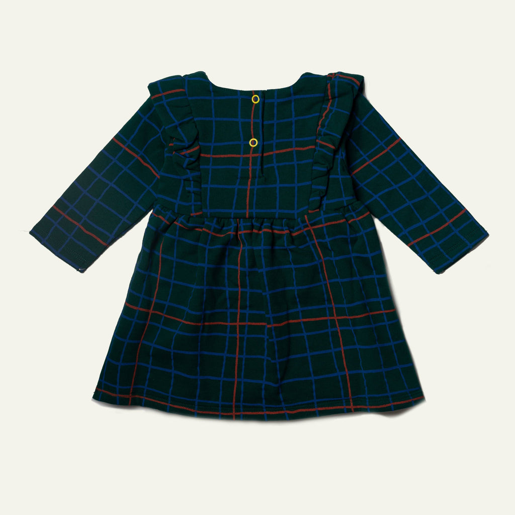 Recycled Cotton Grid Baby Ruffle Dress | Pine Green Multi