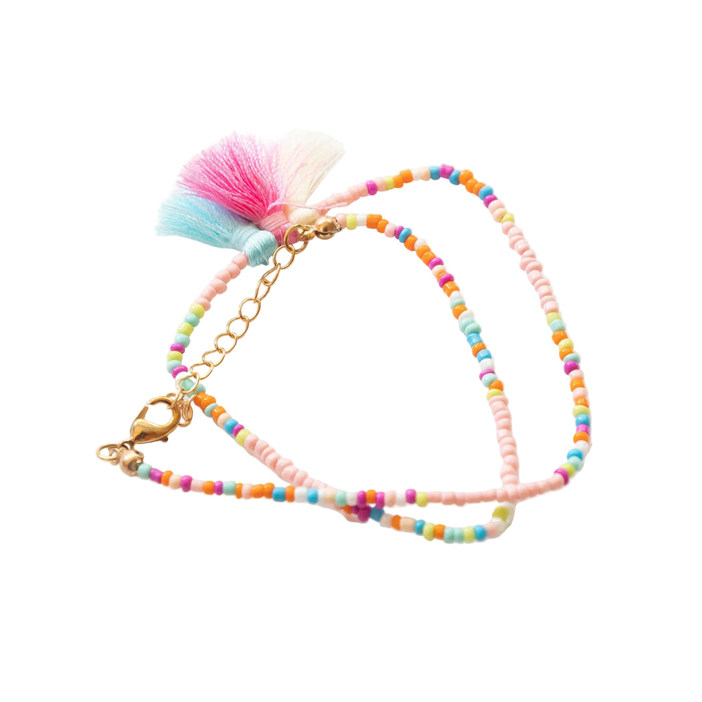 Girls Bohemian Beads & Tassel Necklace | White & Pink & Blue