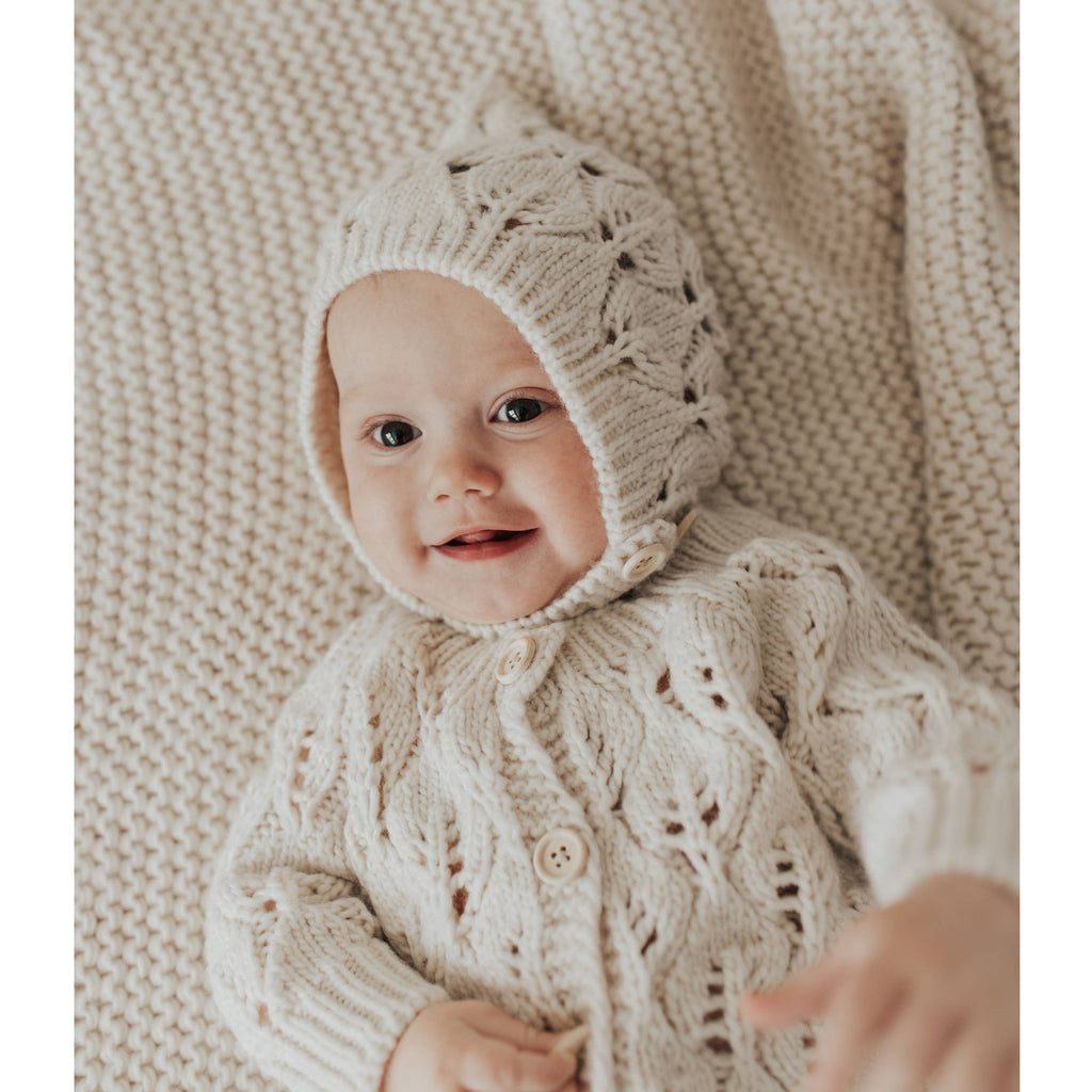 Leaf Lace Hand Knit  Baby Bonnet | Natural