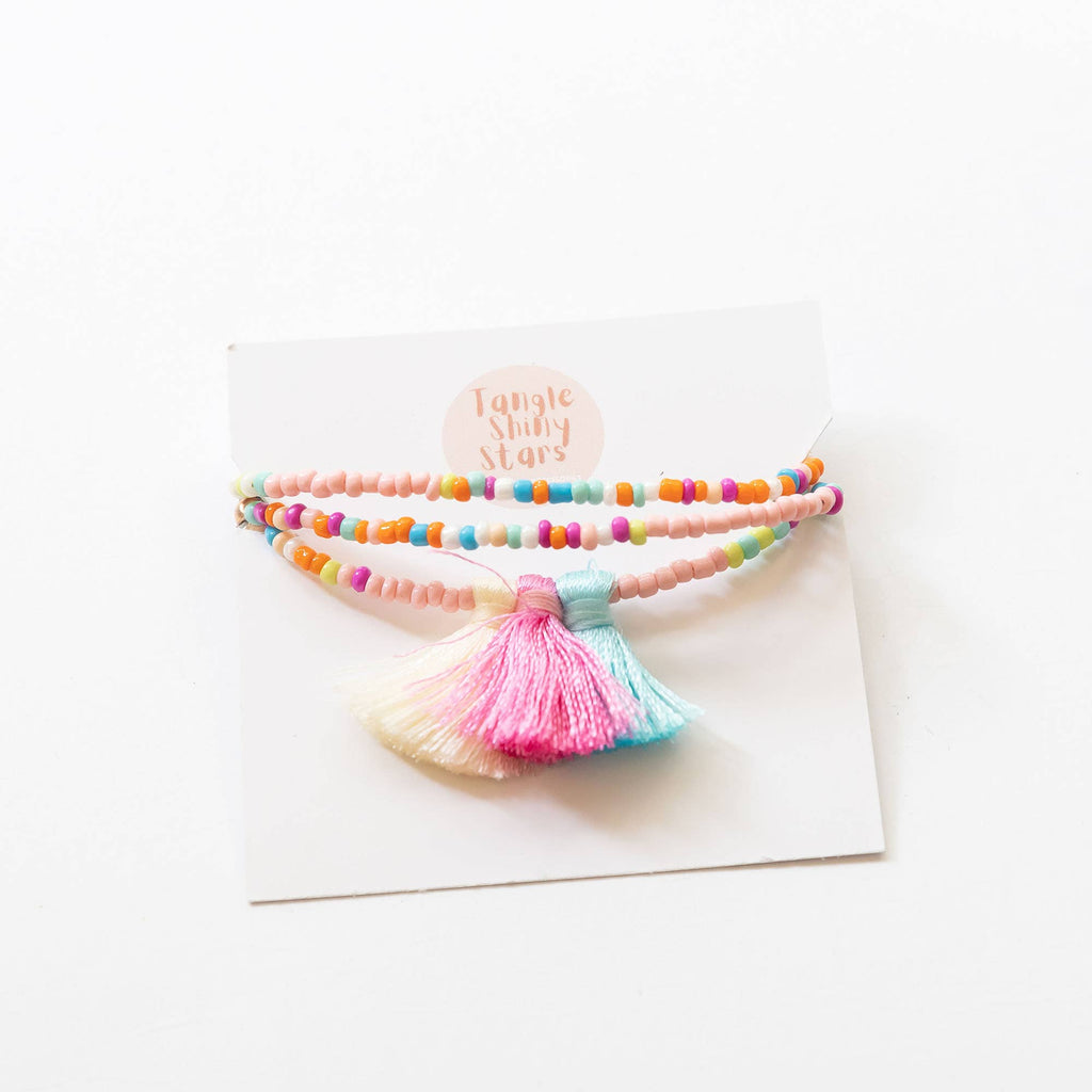 Girls Bohemian Beads & Tassel Necklace | White & Pink & Blue