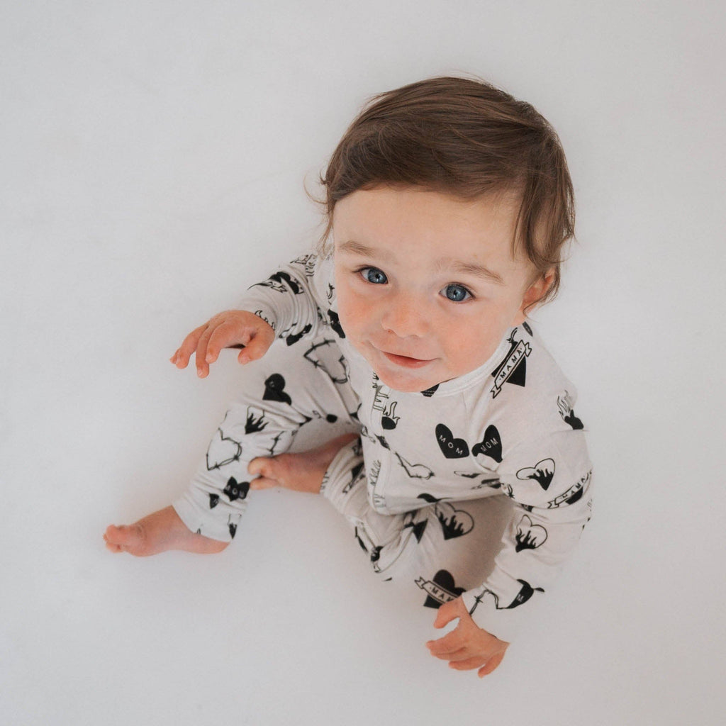 Baby Bamboo Zip Romper|  Tattoo Heart Heather Grey