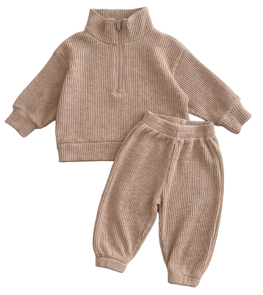 Kids Half-Zip Waffle Top and Jogger Pants Set | Beige