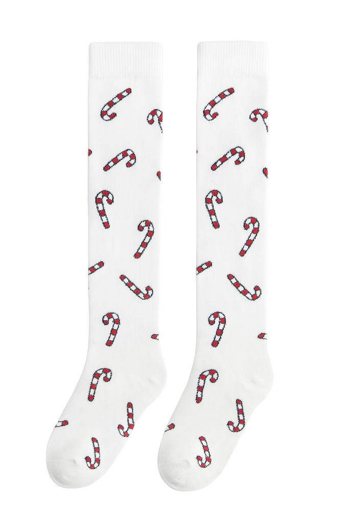 White socks with candy cane pattern on a white background