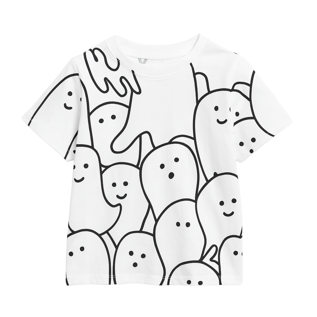 Black and white ghost illustrations on a white background