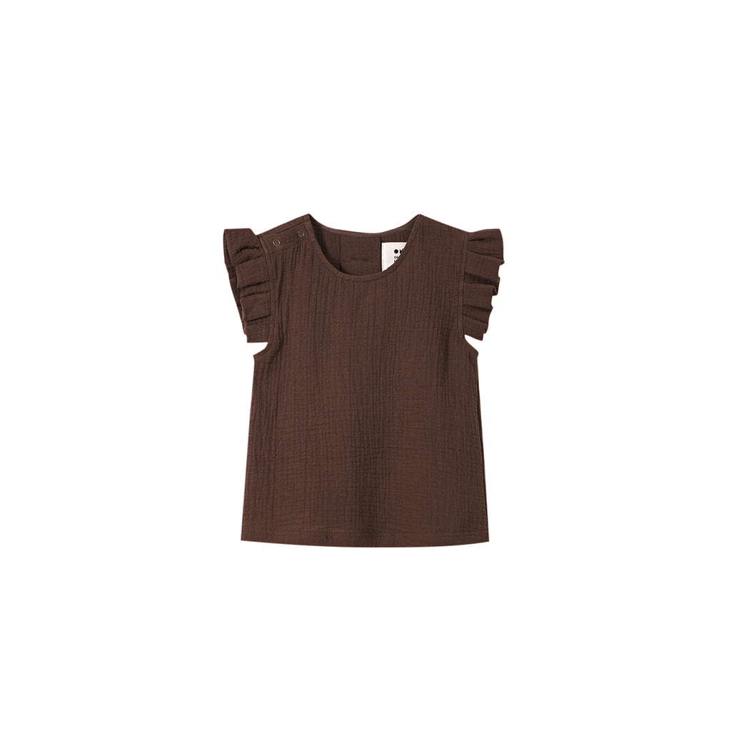 Girls Gauze Top with Box Pleated Sleeves - Brown | OM726