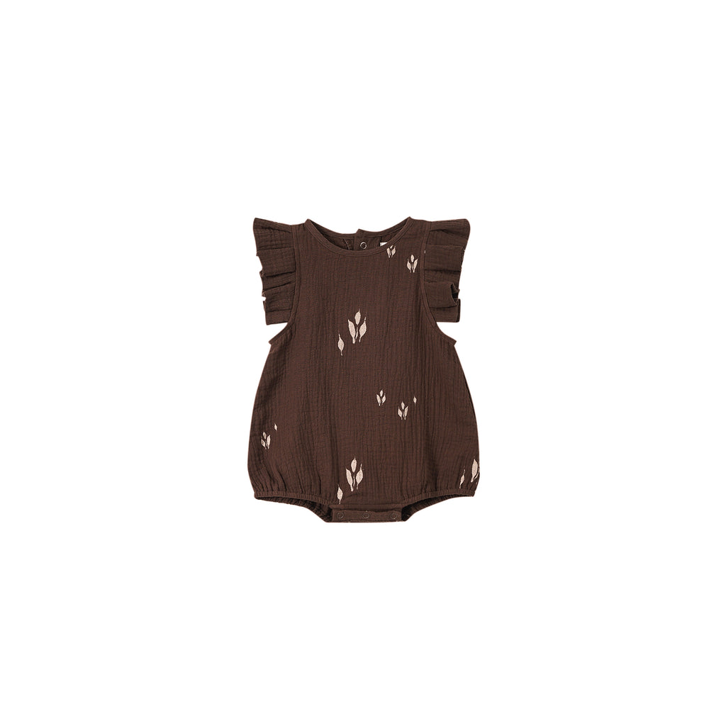 Baby Girls Bubble Romper with Box Pleated Ruffles - Brown