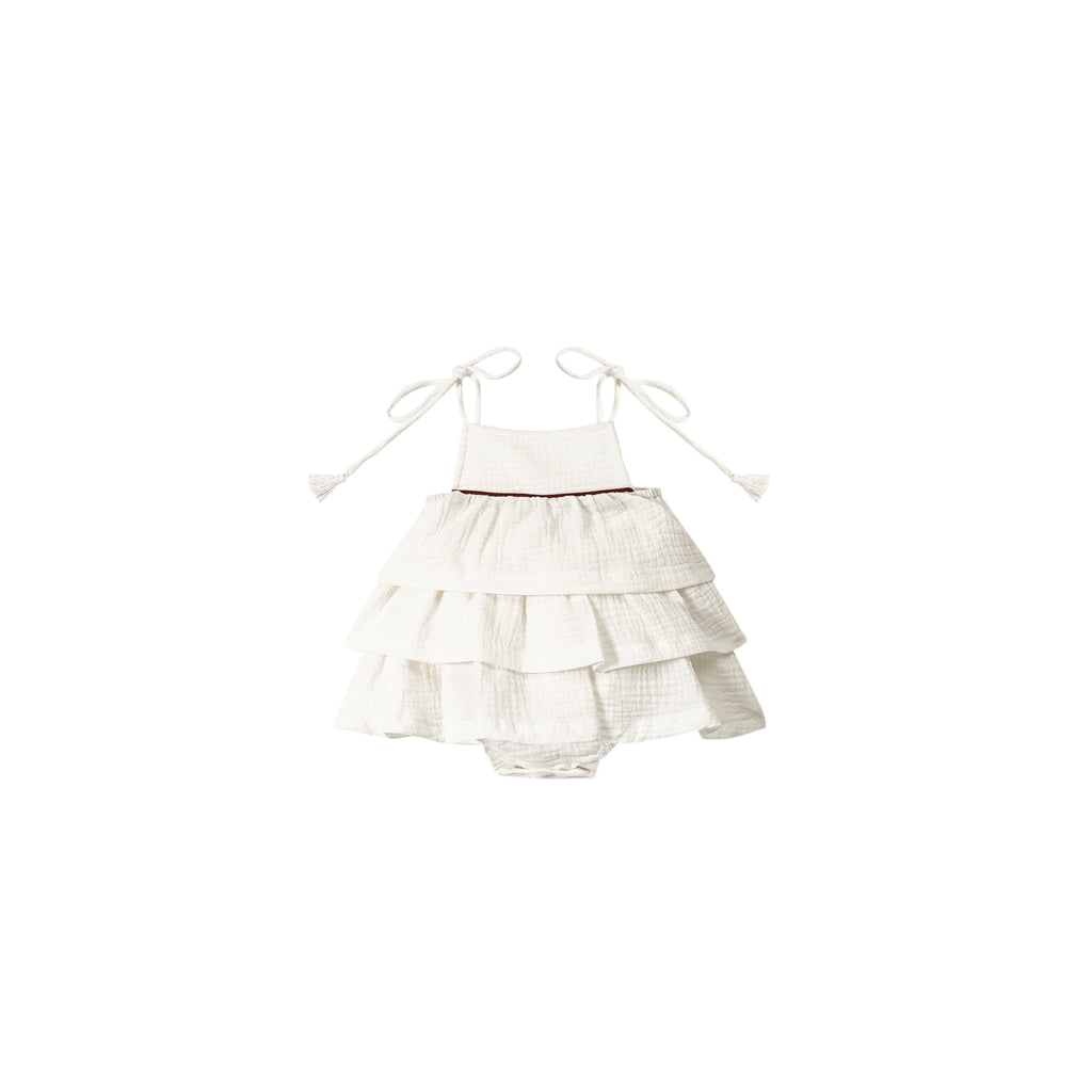 Baby Girl Layered Ruffle Dress with Piping - Off-White