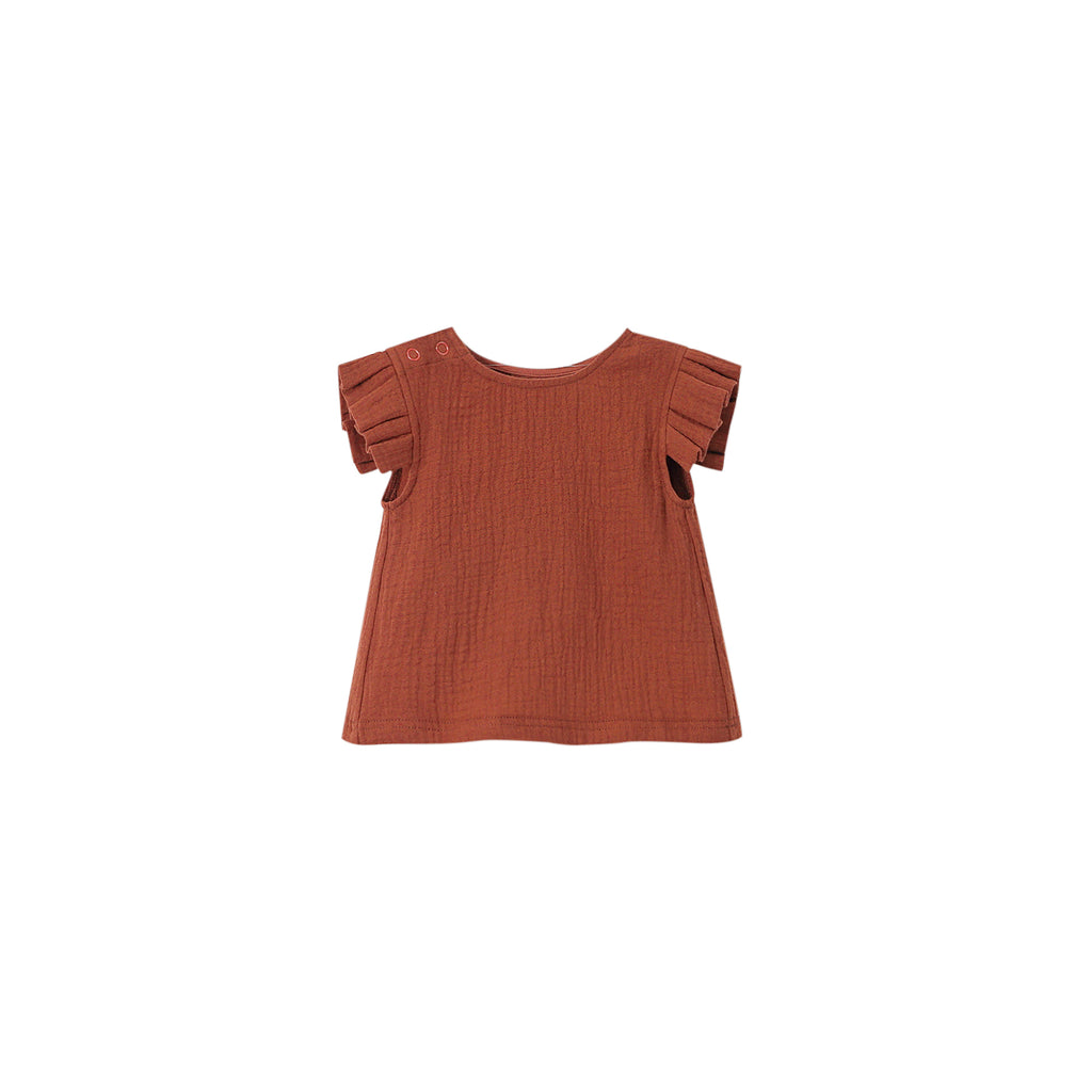 Baby Girls Gauze top with box pleated sleeve  - Terracotta | OM755