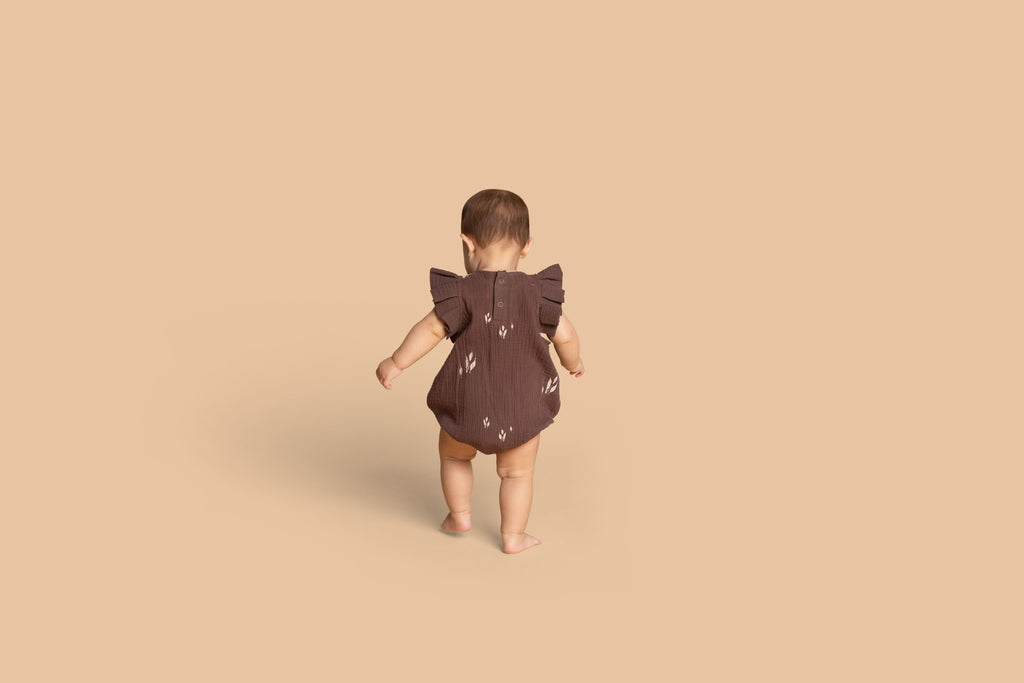 Baby Girls Bubble Romper with Box Pleated Ruffles - Brown