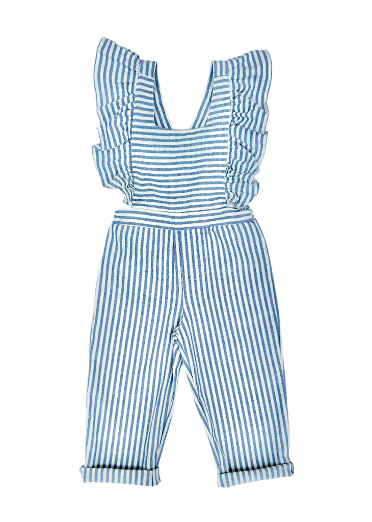 Girls Ruffled Striped Overall | Blue
