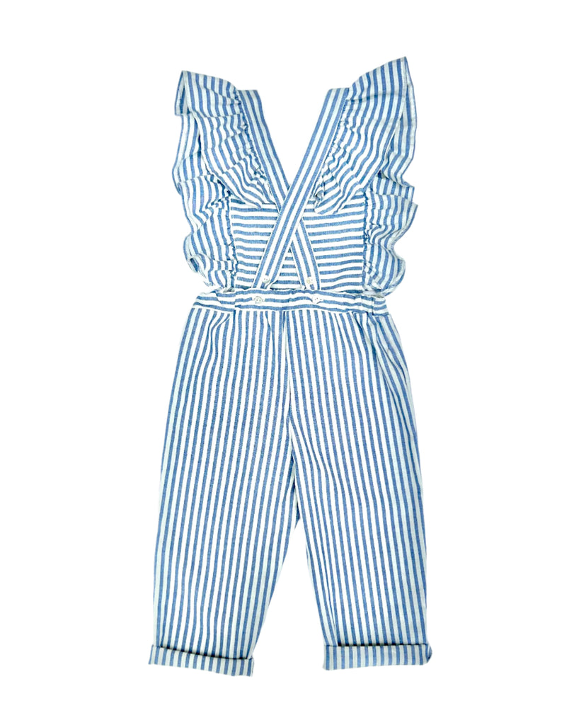 Girls Ruffled Striped Overall | Blue