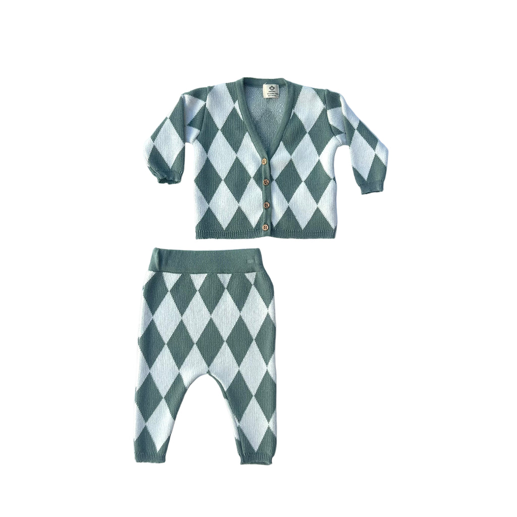 Baby Knitted Jacket and Pant Diamond Set | Teal & White
