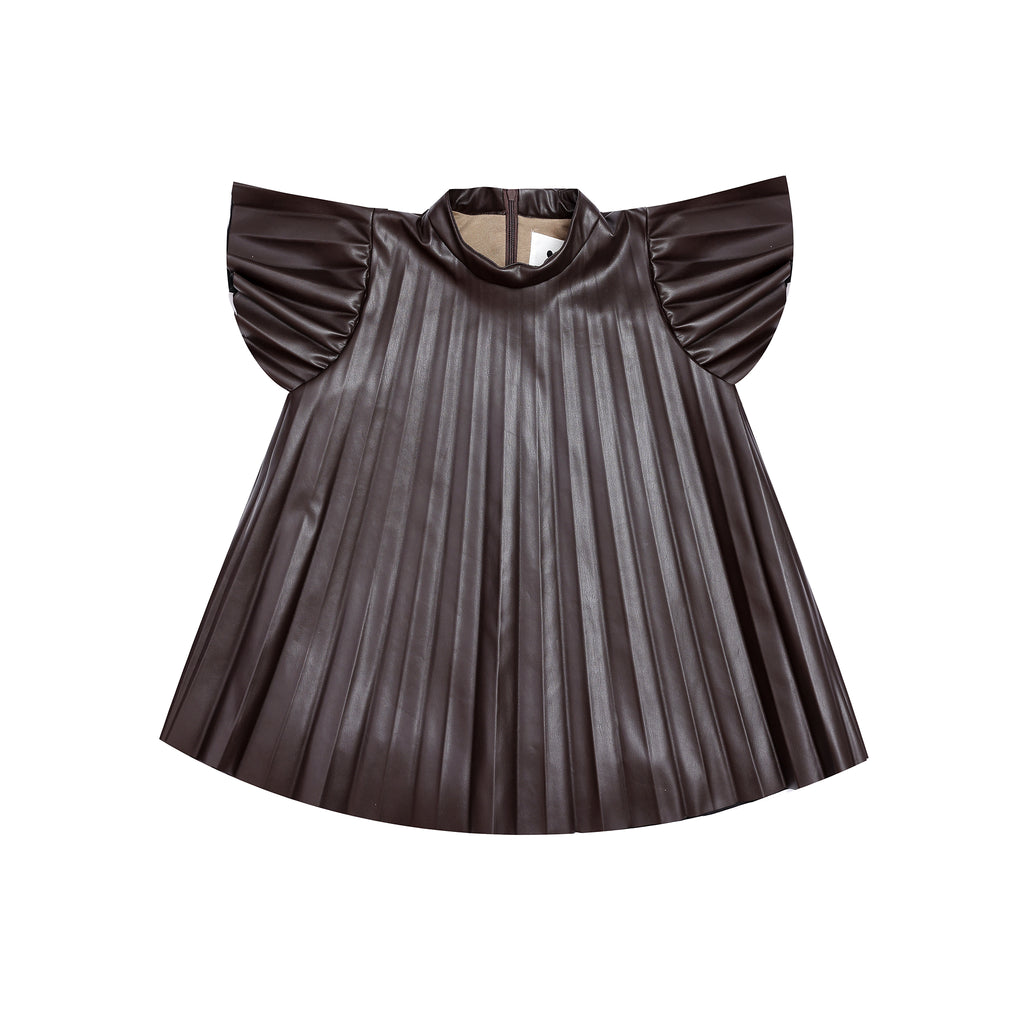 Girls Faux Leather Pleated Dress - Brown l OM691