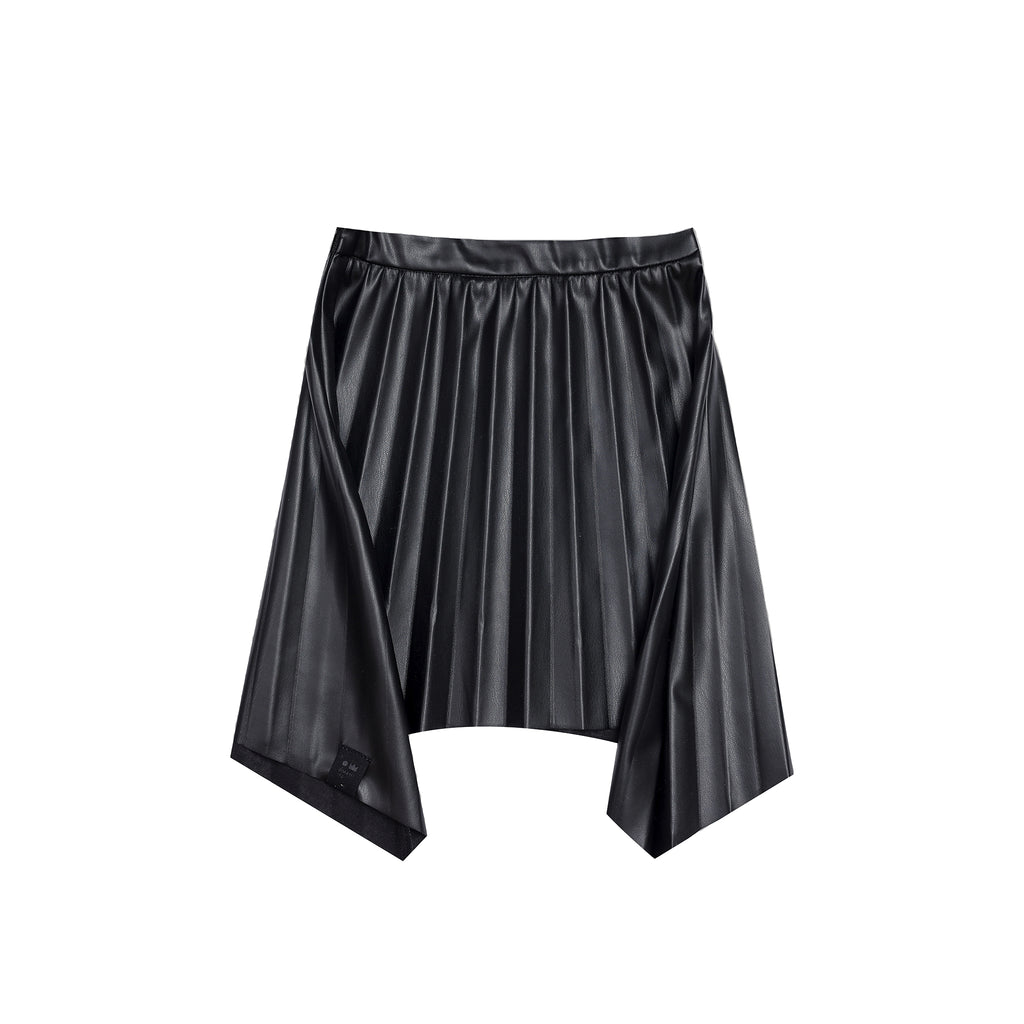 Girls Faux Leather Hi-Low Pleated Skirt - Black l OM692