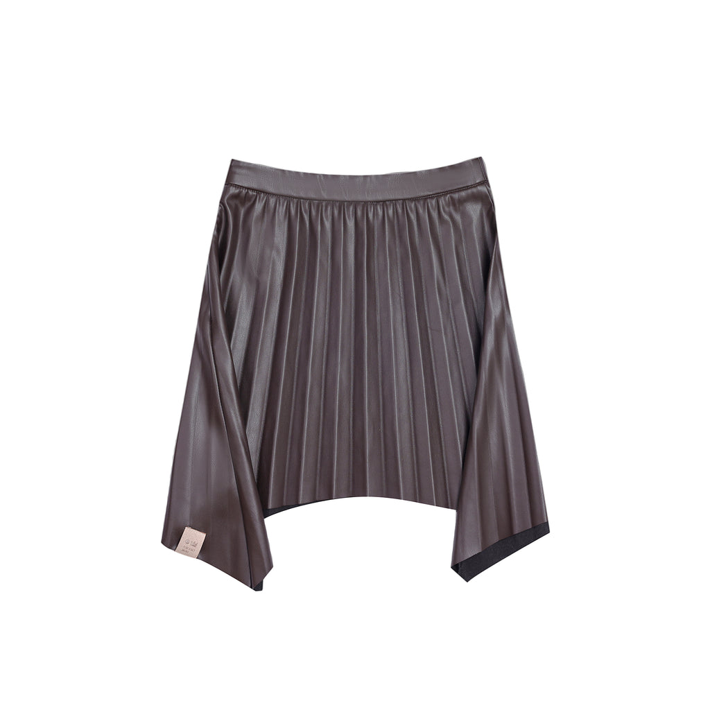 Girls Faux Leather Hi-Low Pleated Skirt - Brown l OM692