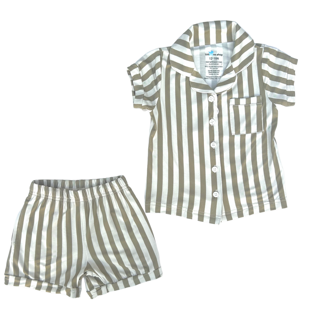 Baby & Toddler Bamboo Short Button Up Set | White and Olive Striped