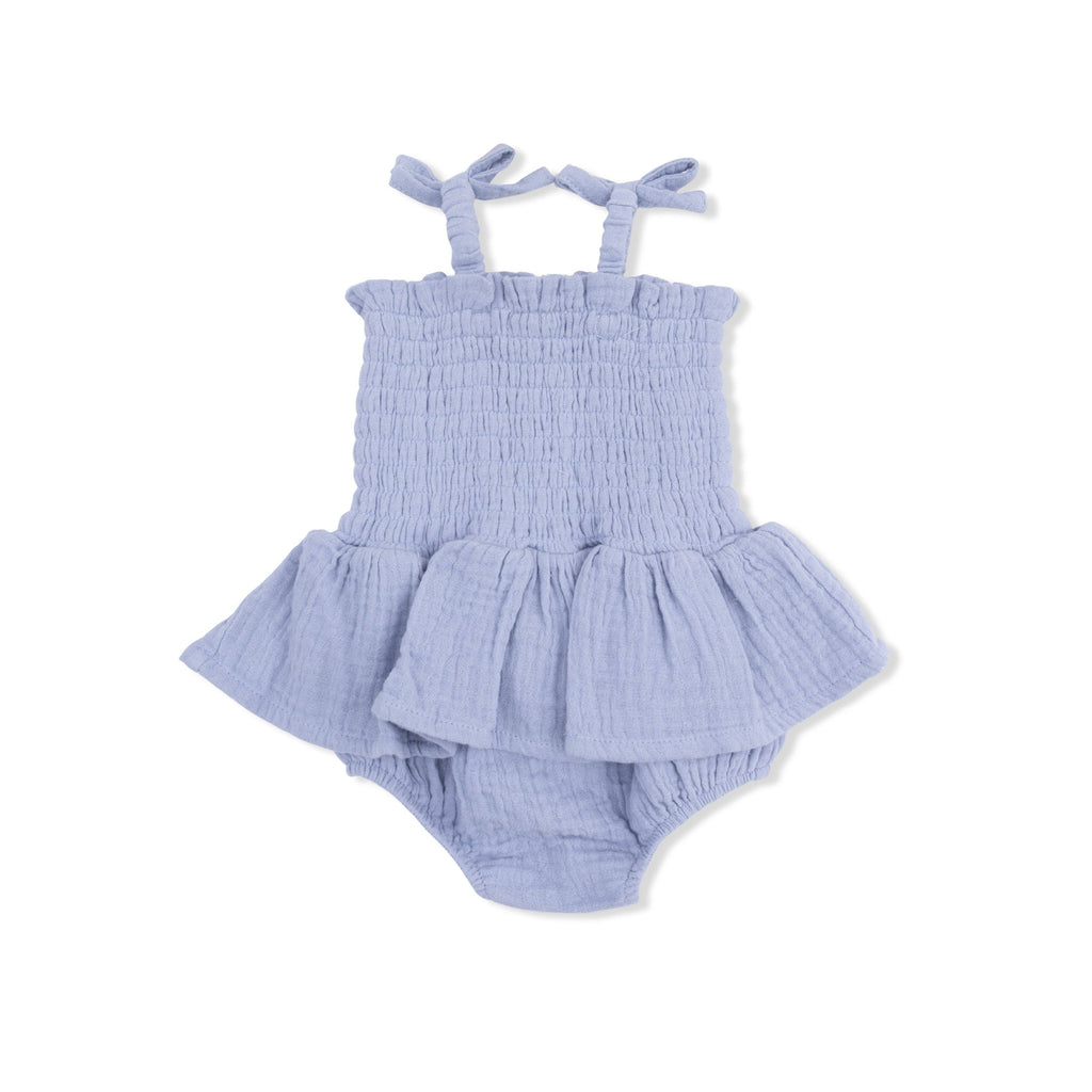 Baby Girl Muslin Smocked Bubble Romper | Blue