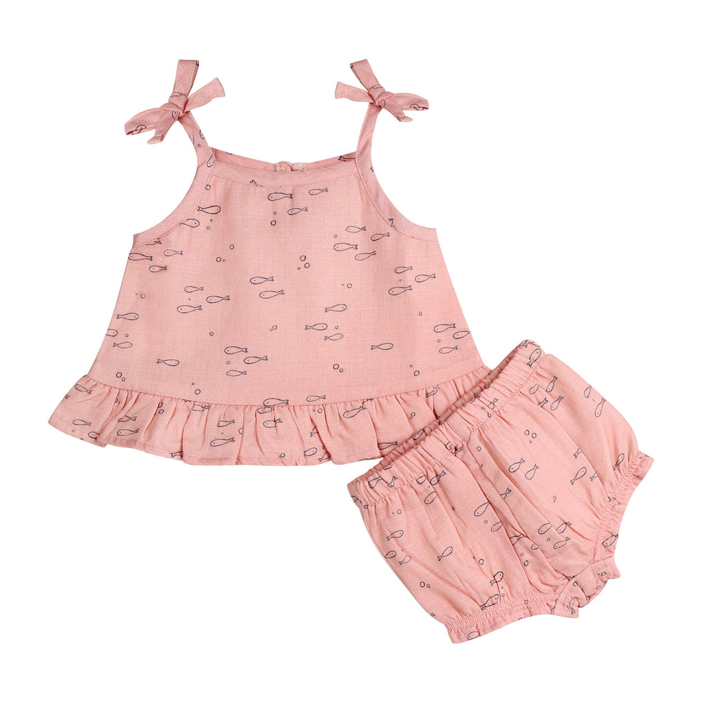 Baby Fishes Shoulder Tie Baby Top & Bottom Set | Dusty Pink