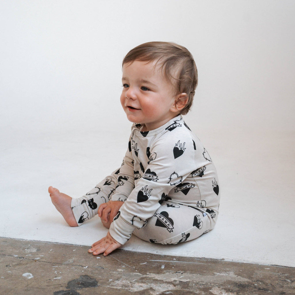 Baby Bamboo Zip Romper|  Tattoo Heart Heather Grey
