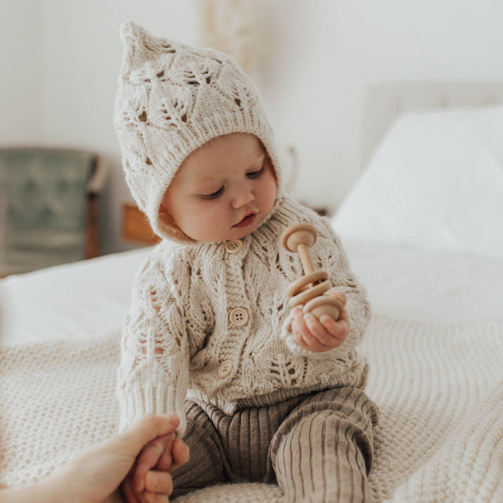 Leaf Lace Hand Knit  Baby Bonnet | Natural