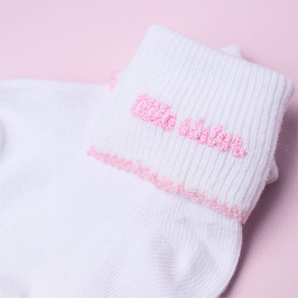Baby 'Little Sister' Embroidered Socks | White and Pink
