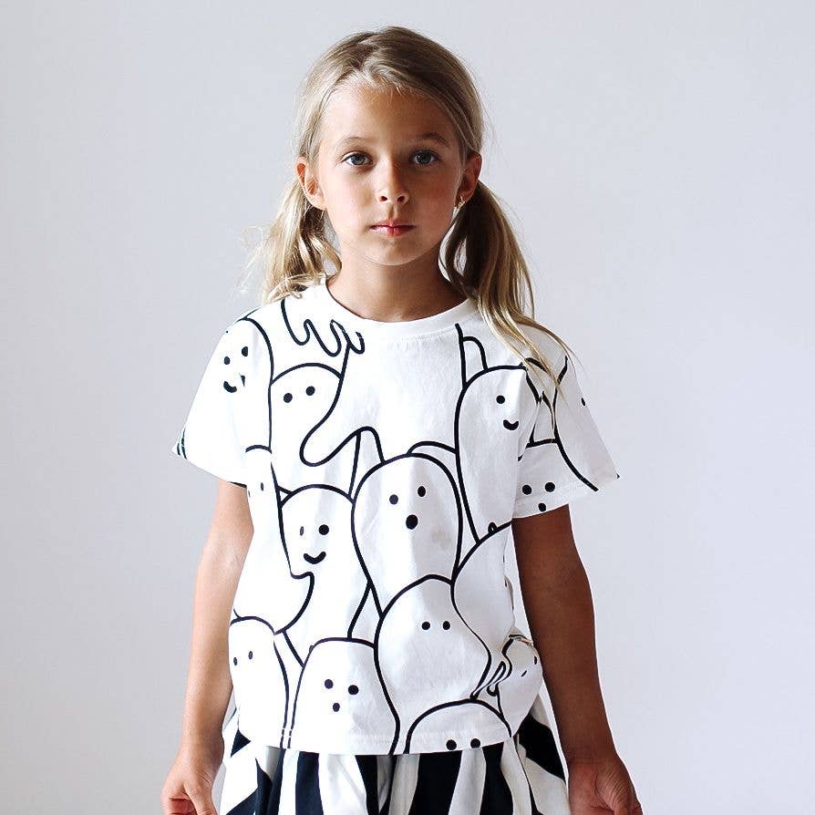 Baby and Kids T-Shirt With Ghosts All Over | White