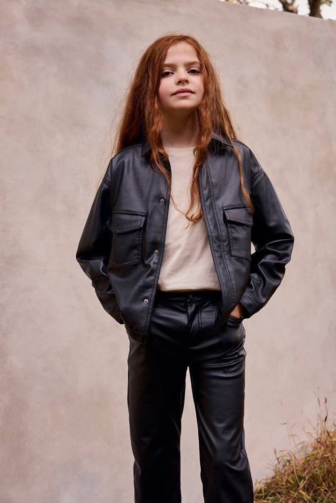 Girls Faux Leather Cropped Shirt | Black