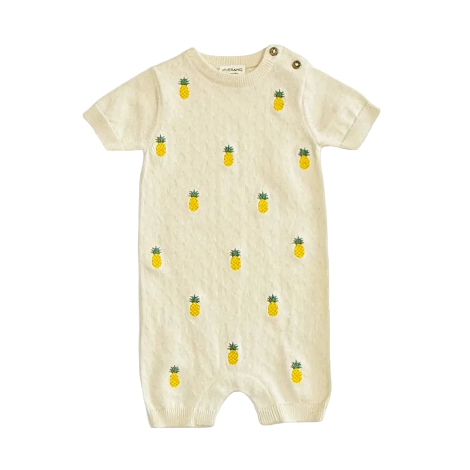 Baby Pineapple Embroidered Pointelle Knit Romper | Cream