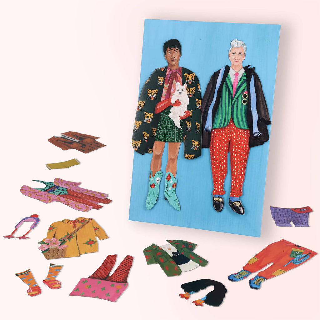 Magnetic dress-up dolls in a portable box, colorful outfits