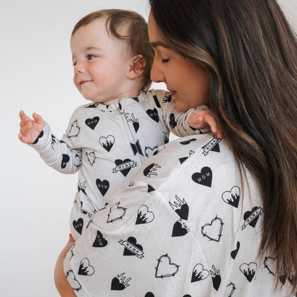 Baby Bamboo Zip Romper|  Tattoo Heart Heather Grey